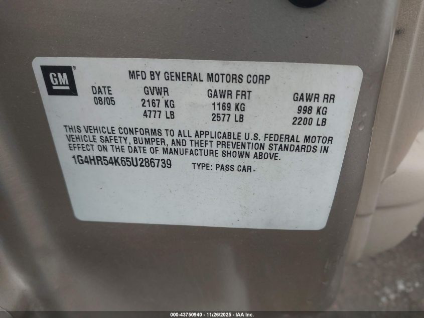 2005 Buick Lesabre Limited VIN: 1G4HR54K65U286739 Lot: 43750940