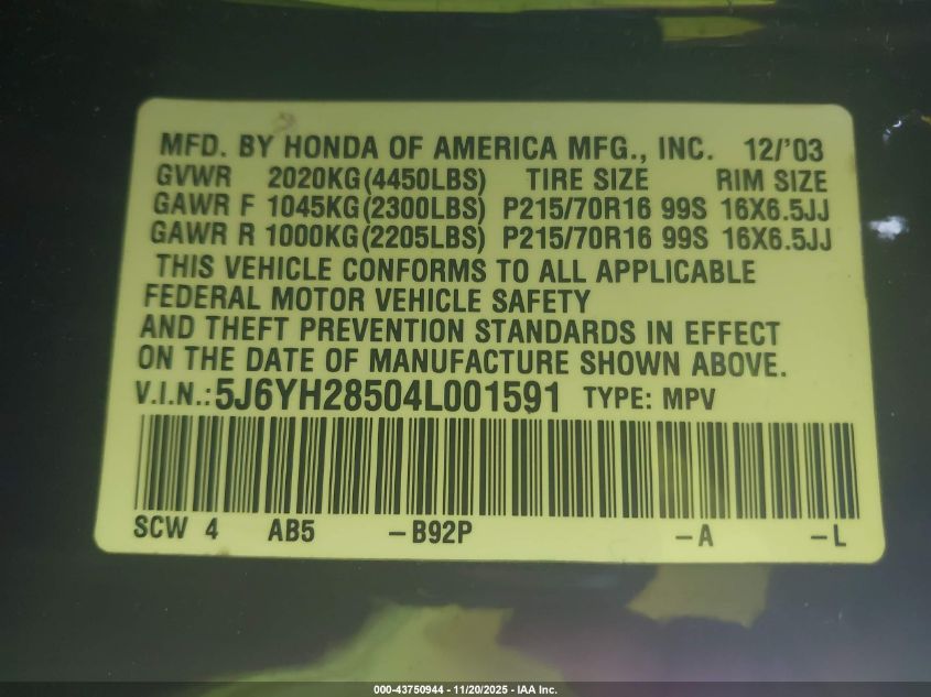 2004 Honda Element Ex VIN: 5J6YH28504L001591 Lot: 43750944
