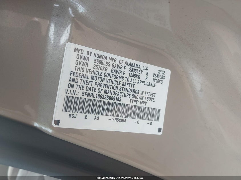 2002 Honda Odyssey Ex VIN: 5FNRL18632B009163 Lot: 43750945