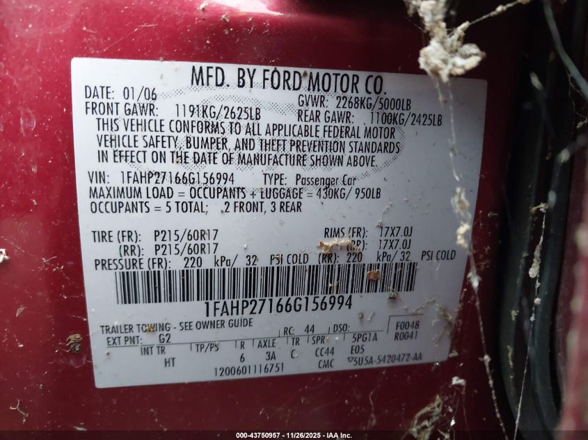 2006 Ford Five Hundred Sel VIN: 1FAHP27166G156994 Lot: 43750957