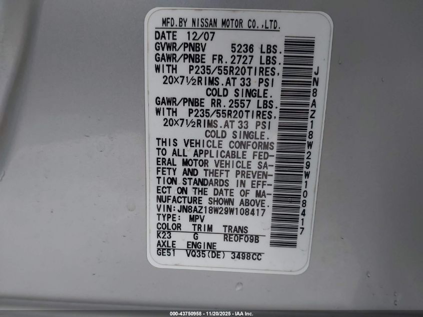 2009 Nissan Murano Le VIN: JN8AZ18W29W108417 Lot: 43750958