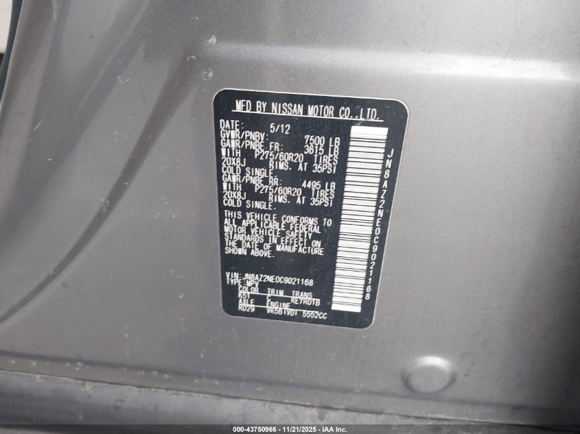 2012 Infiniti Qx56 VIN: JN8AZ2NE0C9021168 Lot: 43750966