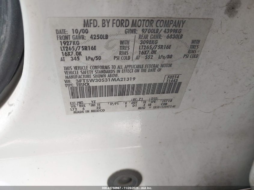 2001 Ford F-350 Lariat/Xl/Xlt VIN: 3FTSW30S31MA21319 Lot: 43750967