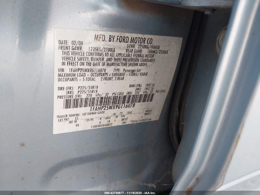 2009 Ford Taurus Limited VIN: 1FAHP25WX9G116078 Lot: 43750977