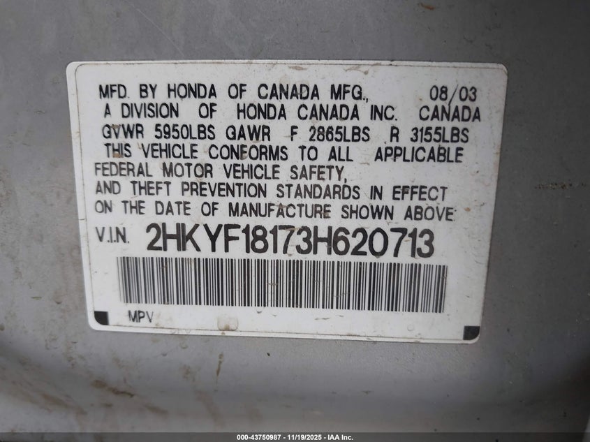 2003 Honda Pilot Lx VIN: 2HKYF18173H620713 Lot: 43750987