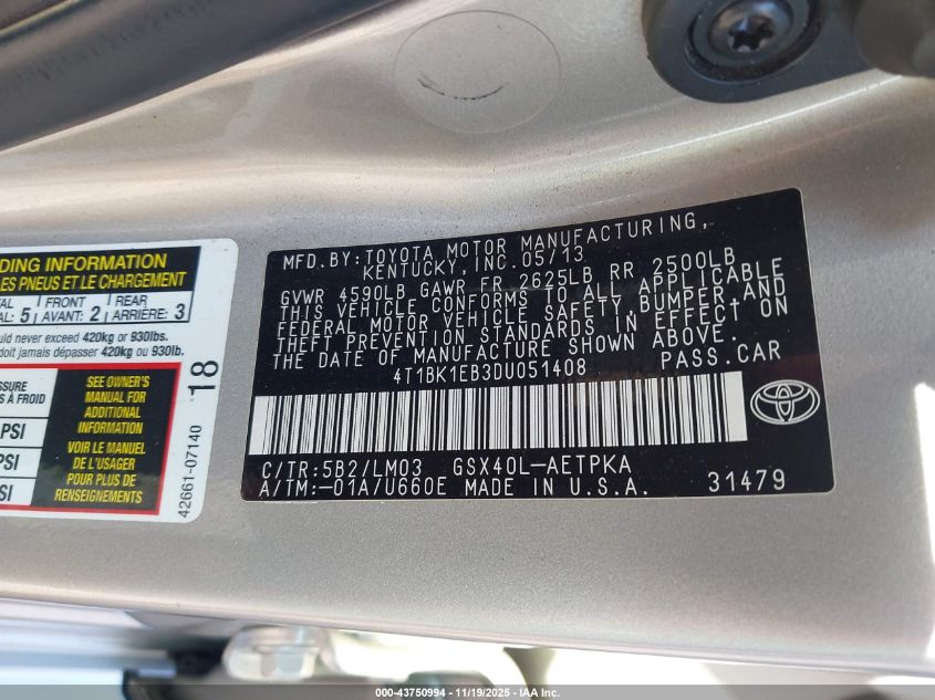 2013 Toyota Avalon Limited VIN: 4T1BK1EB3DU051408 Lot: 43750994