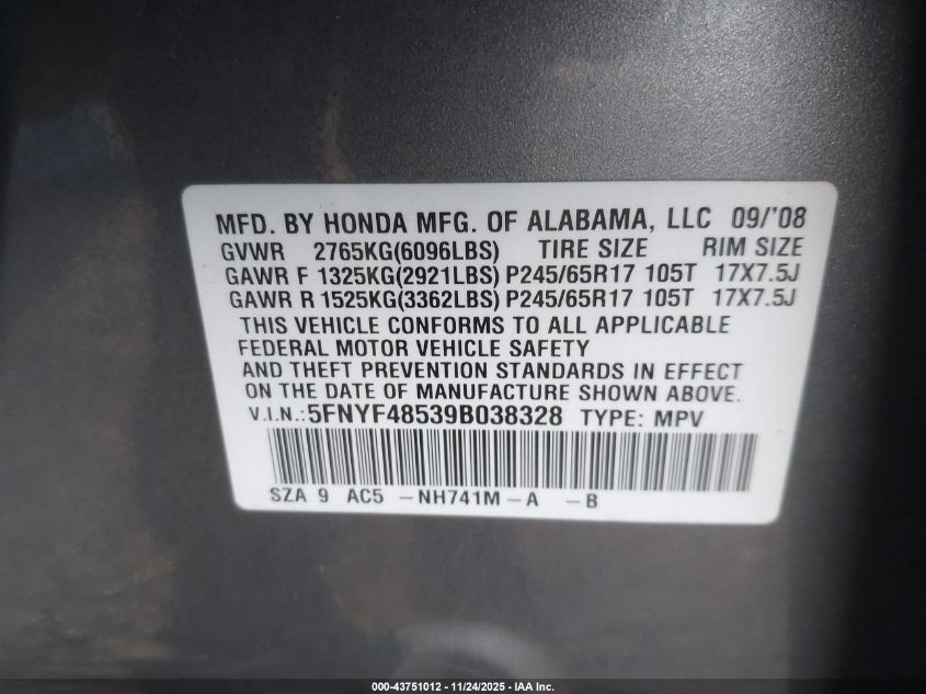 2009 Honda Pilot Ex-L VIN: 5FNYF48539B038328 Lot: 43751012