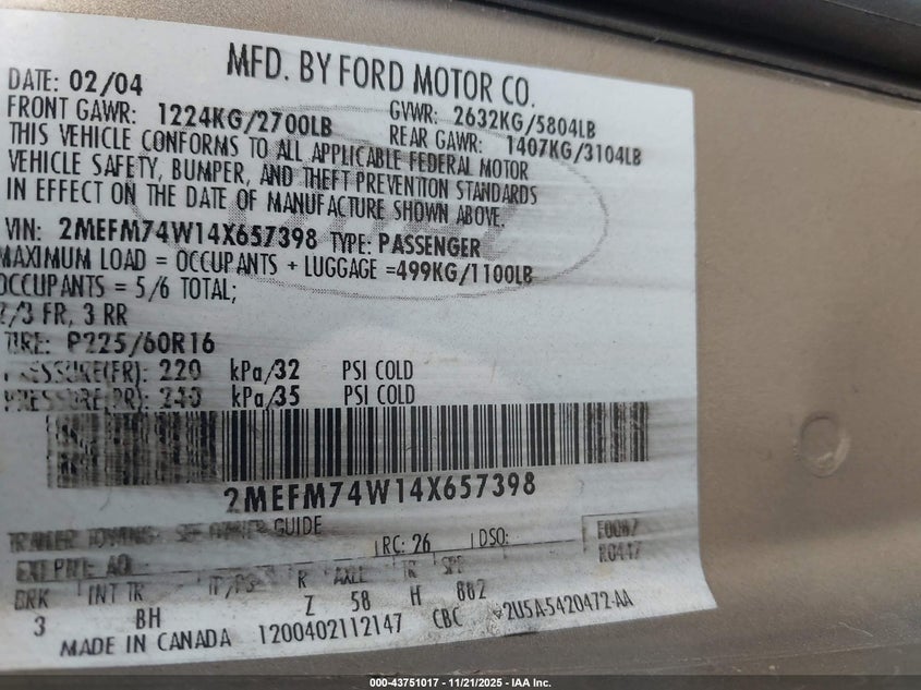 2004 Mercury Grand Marquis Gs VIN: 2MEFM74W14X657398 Lot: 43751017