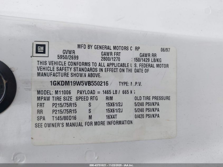 1997 GMC Safari Slx Cmi VIN: 1GKDM19W5VB550216 Lot: 43751021