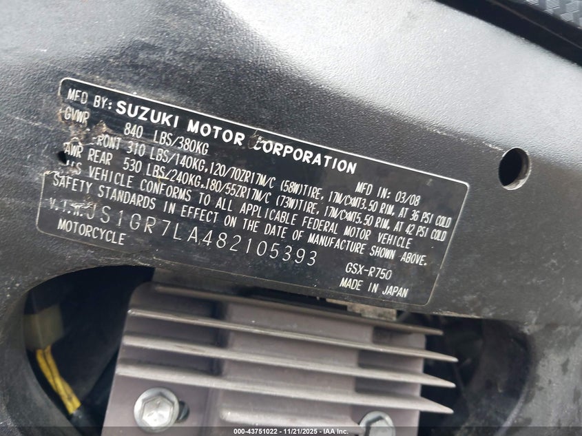 2008 Suzuki Gsx-R750 VIN: JS1GR7LA482105393 Lot: 43751022