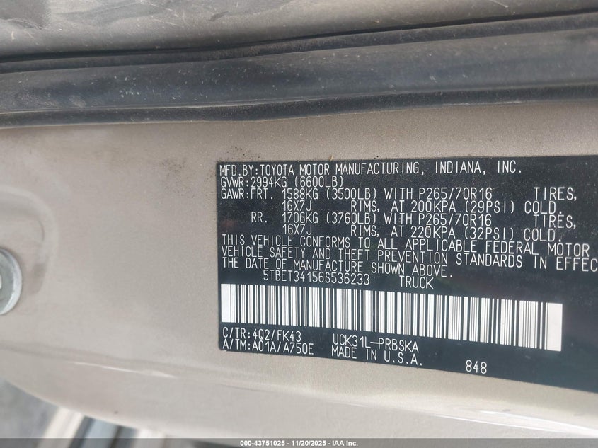 2006 Toyota Tundra Sr5 V8 VIN: 5TBET34156S536233 Lot: 43751025