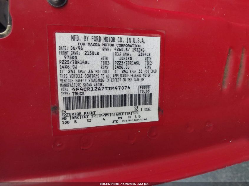 1996 Mazda B2300 VIN: 4F4CR12A7TTM47076 Lot: 43751038
