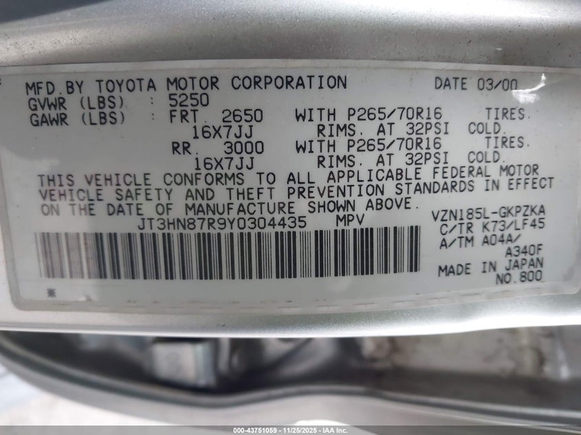 2000 Toyota 4Runner Limited V6 VIN: JT3HN87R9Y0304435 Lot: 43751059