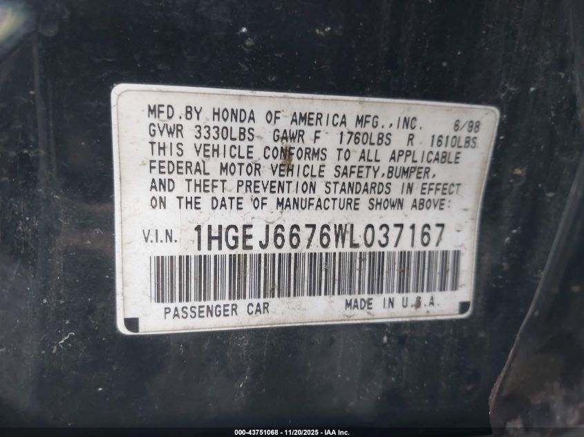 1998 Honda Civic Lx VIN: 1HGEJ6676WL037167 Lot: 43751068