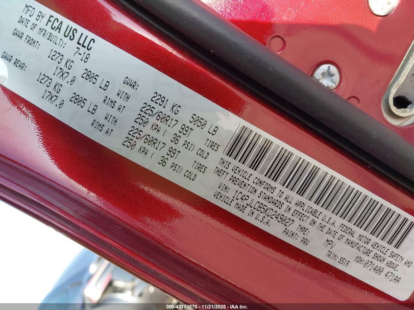 2019 Jeep Cherokee Latitude Fwd VIN: 1C4PJLCB5KD249027 Lot: 43751070