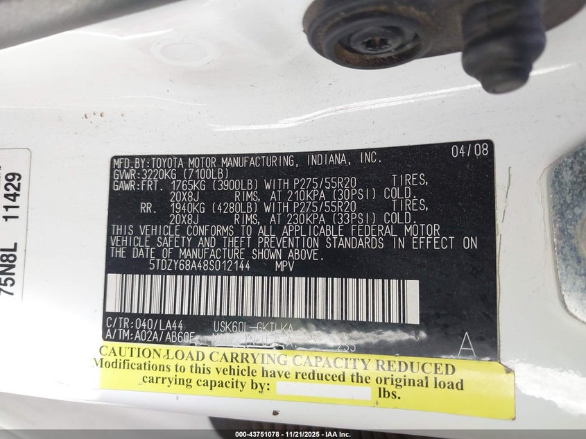 2008 Toyota Sequoia Limited 5.7L V8 VIN: 5TDZY68A48S012144 Lot: 43751078