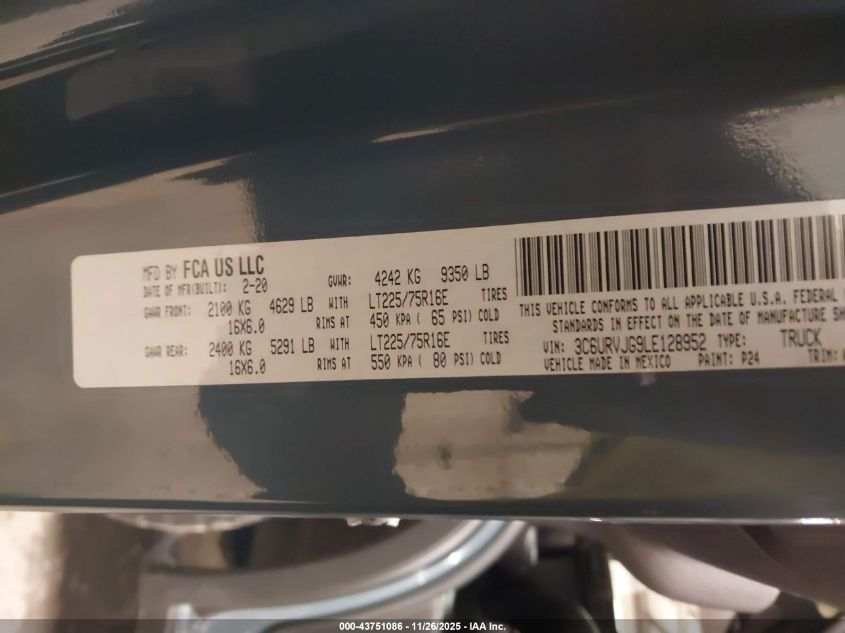 2020 Ram Promaster 3500 Cargo Van High Roof 159 Wb Ext VIN: 3C6URVJG9LE128952 Lot: 43751086