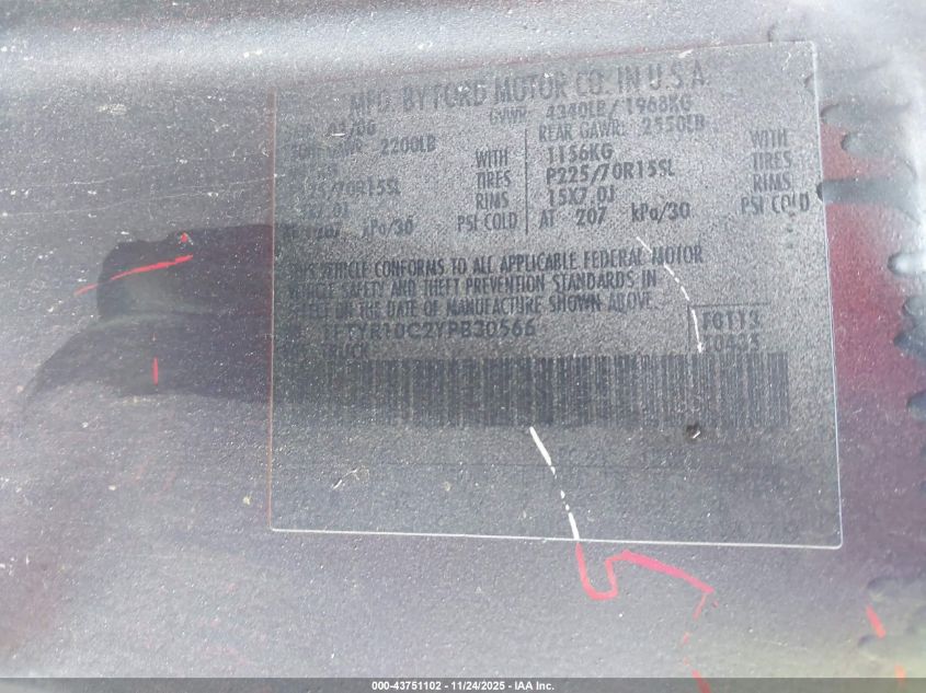 2000 Ford Ranger Xl/Xlt VIN: 1FTYR10C2YPB30566 Lot: 43751102