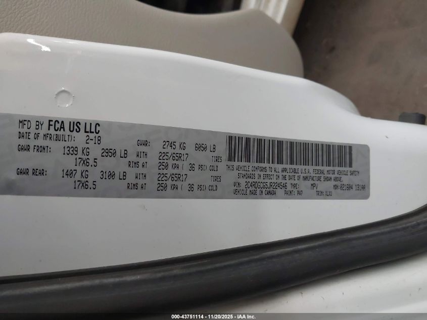 2018 Dodge Grand Caravan Sxt VIN: 2C4RDGCG5JR224546 Lot: 43751114