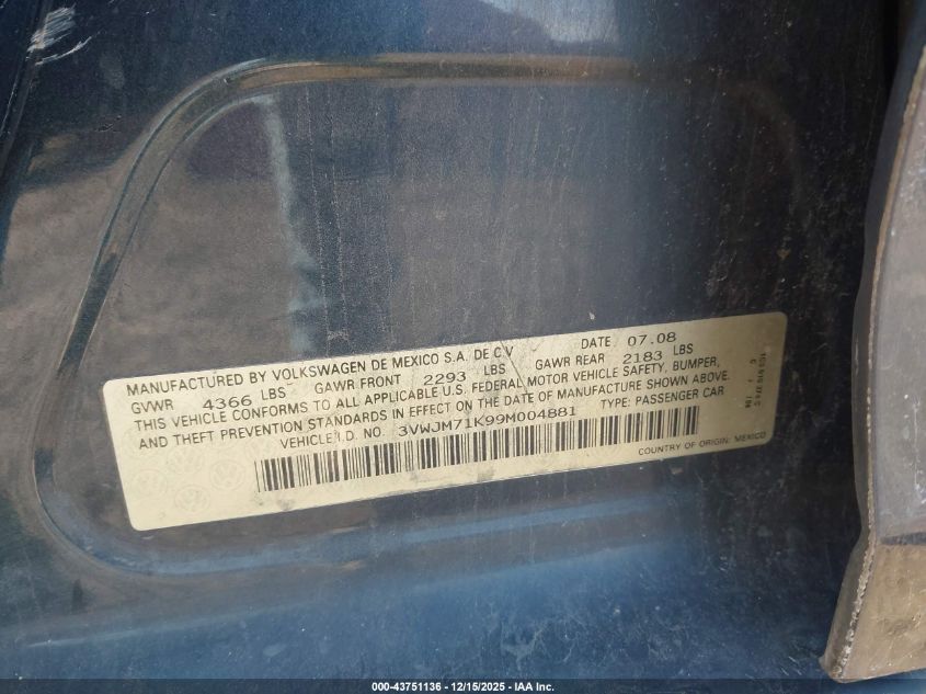 2009 Volkswagen Jetta S VIN: 3VWJM71K99M004881 Lot: 43751136