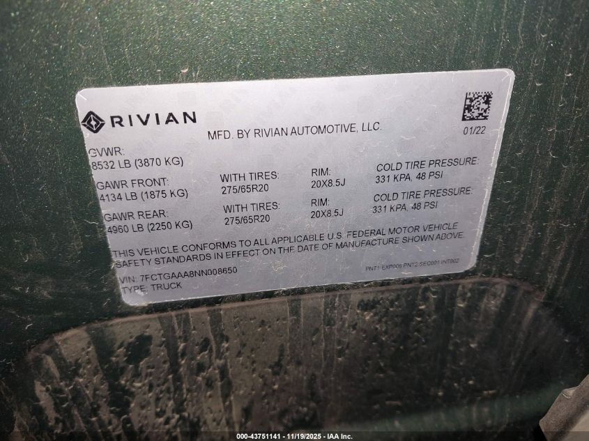2022 Rivian R1T Adventure VIN: 7FCTGAAA8NN008650 Lot: 43751141