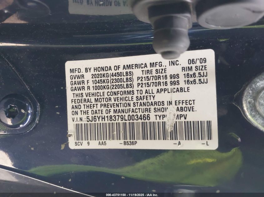 2009 Honda Element Lx VIN: 5J6YH18379L003466 Lot: 43751158