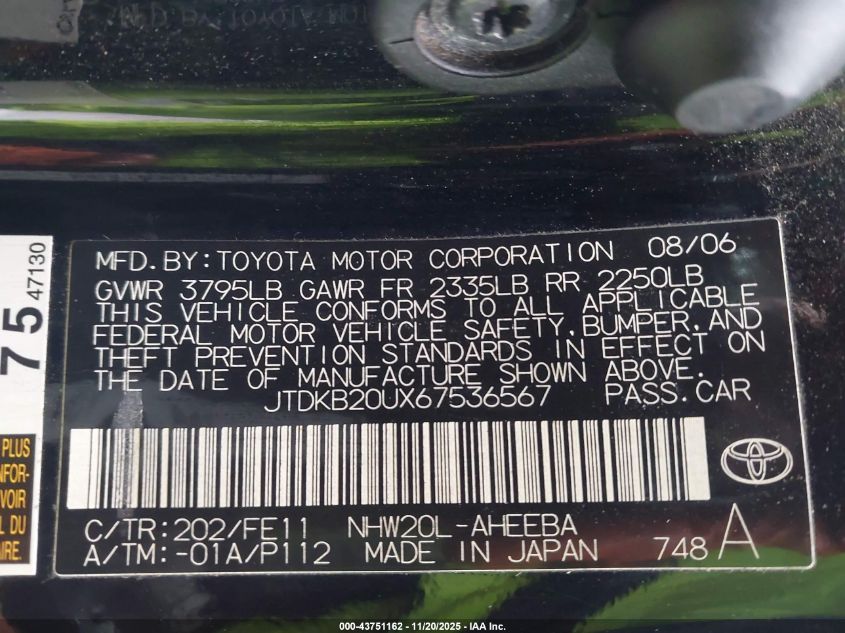 2006 Toyota Prius VIN: JTDKB20UX67536567 Lot: 43751162