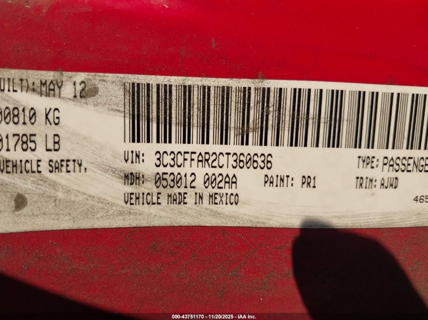 2012 Fiat 500 Pop VIN: 3C3CFFAR2CT360636 Lot: 43751170