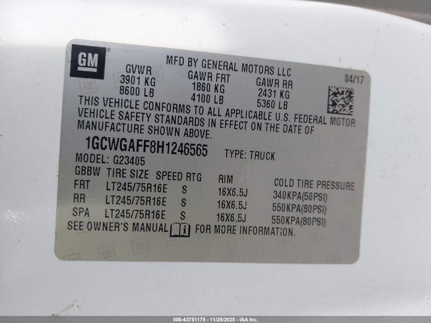 2017 Chevrolet Express 2500 Work Van VIN: 1GCWGAFF8H1246565 Lot: 43751175