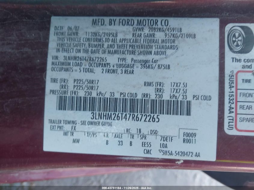 2007 Lincoln Mkz VIN: 3LNHM26T47R672265 Lot: 43751184