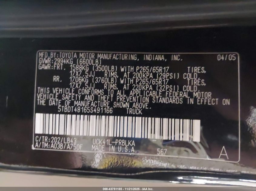 2005 Toyota Tundra Limited V8 VIN: 5TBDT48165S491166 Lot: 43751185