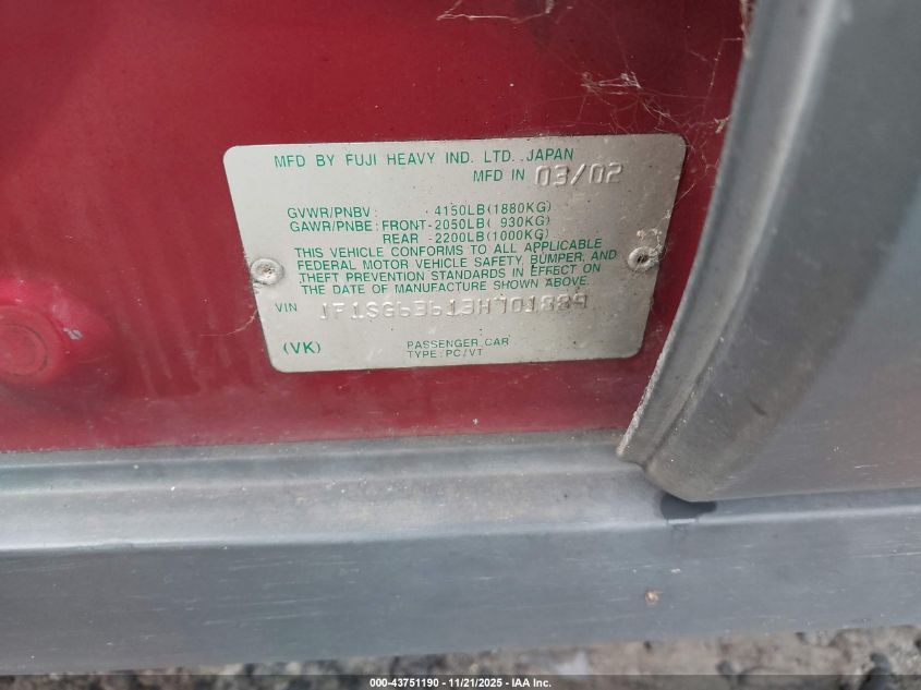 2003 Subaru Forester X VIN: JF1SG63613H701889 Lot: 43751190