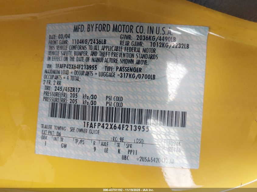 2004 Ford Mustang Gt VIN: 1FAFP42X64F213955 Lot: 43751192