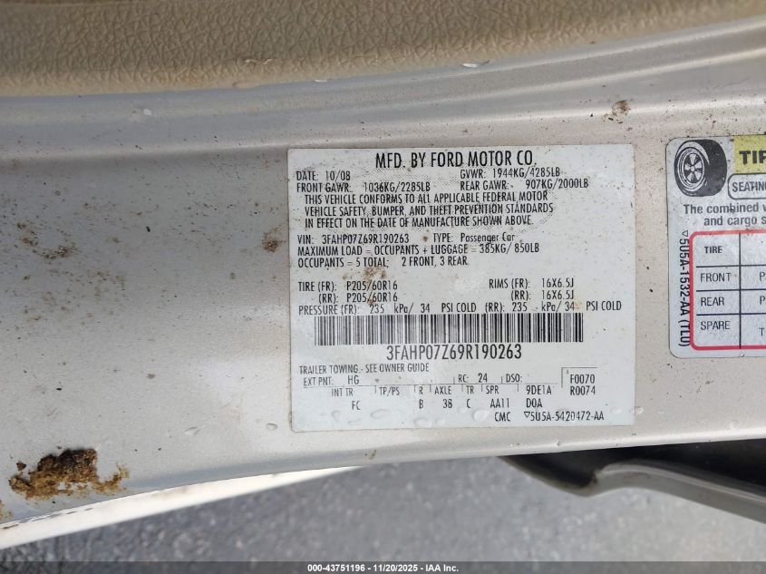 2009 Ford Fusion VIN: 3FSAHP07Z69R19026 Lot: 43751196