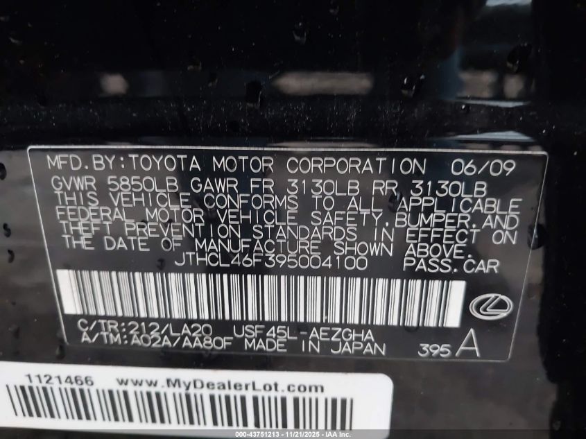 2009 Lexus Ls 460 VIN: JTHCL46F395004100 Lot: 43751213