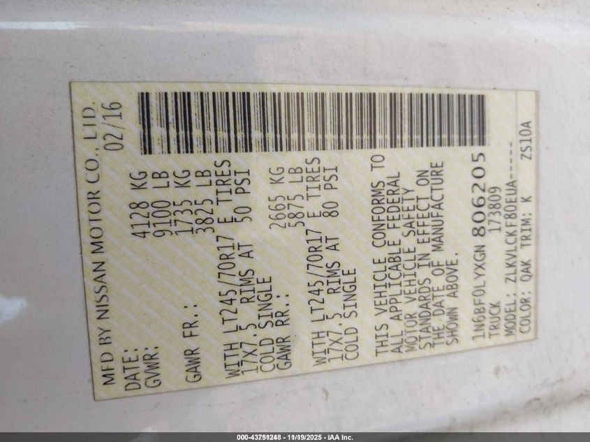 2016 Nissan Nv Cargo Nv2500 Hd S V6 VIN: 1N6BF0LYXGN806205 Lot: 43751248