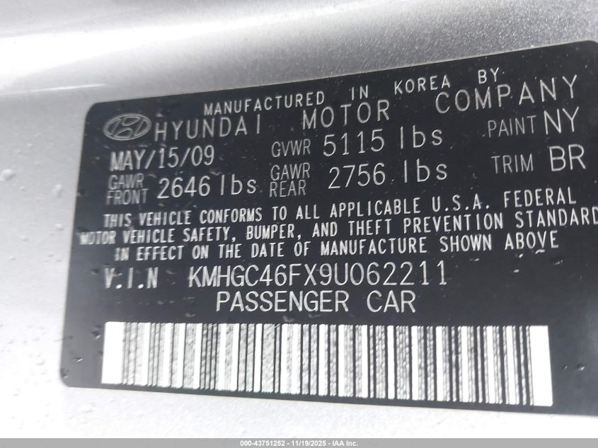 2009 Hyundai Genesis 4.6 VIN: KMHGC46FX9U062211 Lot: 43751252