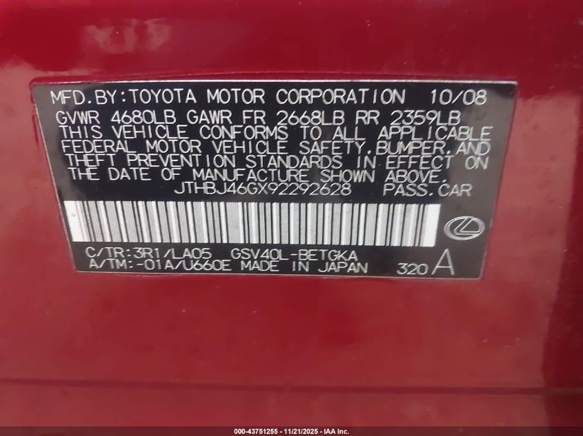 2009 Lexus Es 350 VIN: JTHBJ46GX92292628 Lot: 43751255