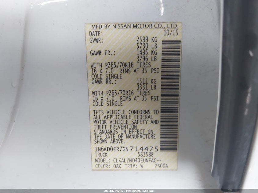 1N6AD0ER7GN714475 2016 NISSAN NAVARA (FRONTIER) photo no. 9