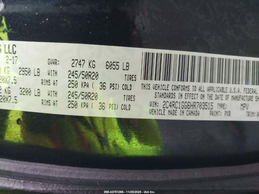 2017 Chrysler Pacifica Limited VIN: 2C4RC1GG6HR703515 Lot: 43751266