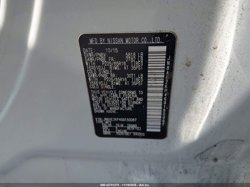 JN8AE2KP4G9150067 2016 NISSAN QUEST photo no. 9