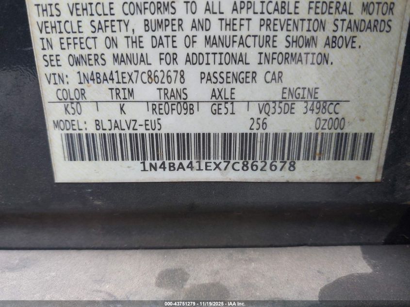 2007 Nissan Maxima 3.5 Se VIN: 1N4BA41EX7C862678 Lot: 43751279