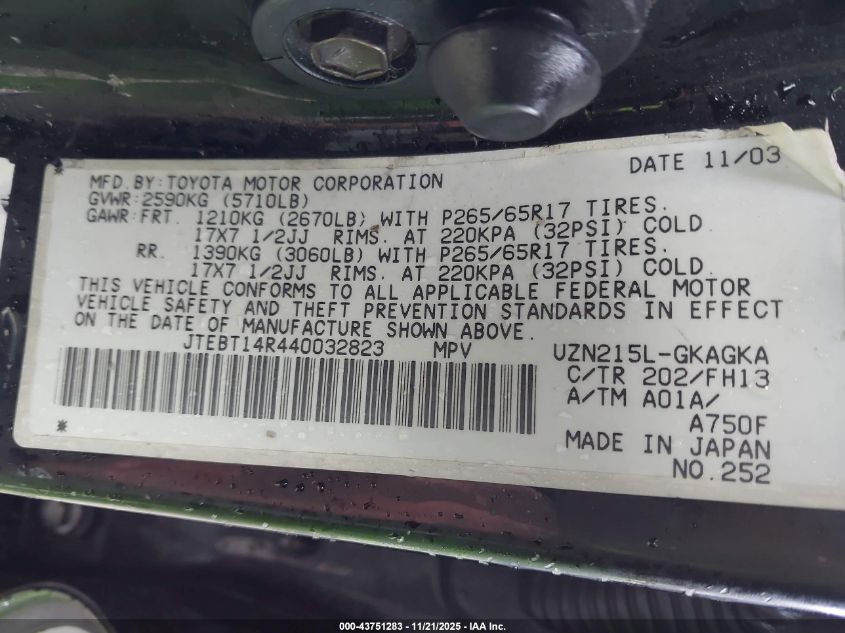 2004 Toyota 4Runner Sr5 Sport V8 VIN: JTEBT14R440032823 Lot: 43751283