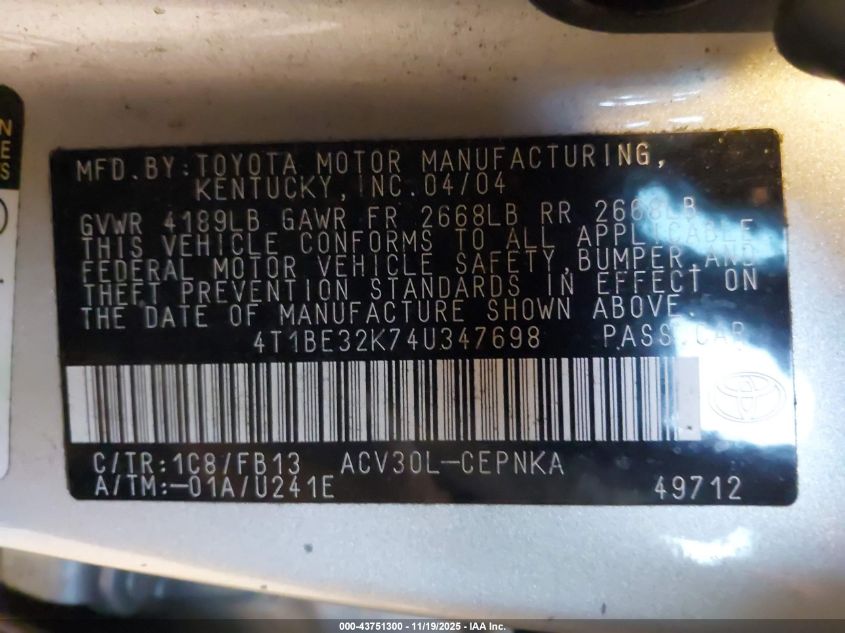 2004 Toyota Camry Le VIN: 4T1BE32K74U347698 Lot: 43751300