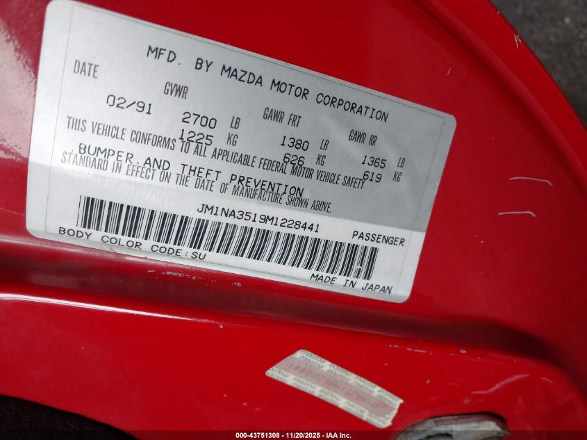 1991 Mazda Mx-5 Miata VIN: JM1NA3519M1228441 Lot: 43751308