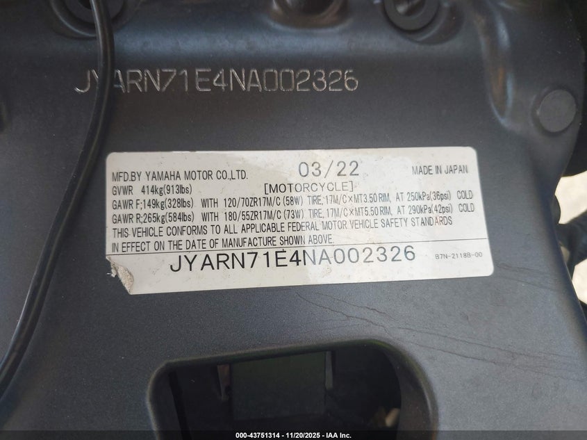 2022 Yamaha Mt09 VIN: JYARN71E4NA002326 Lot: 43751314