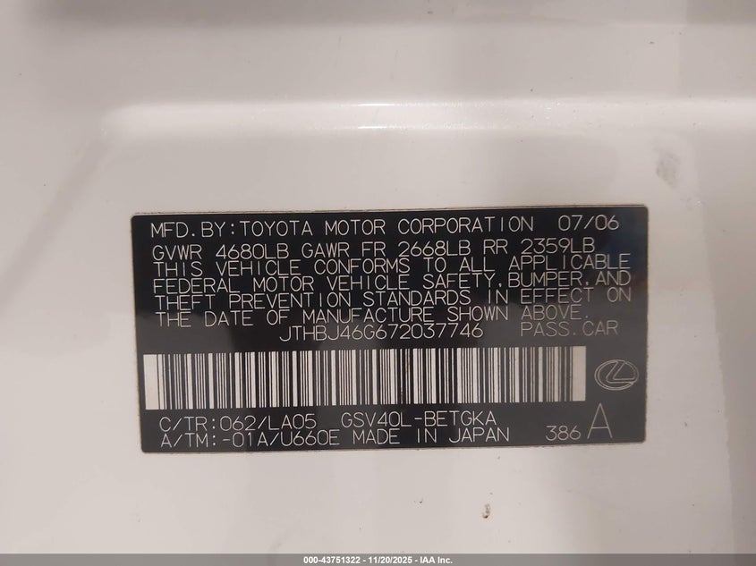 JTHBJ46G672037746 2007 LEXUS ES photo no. 9