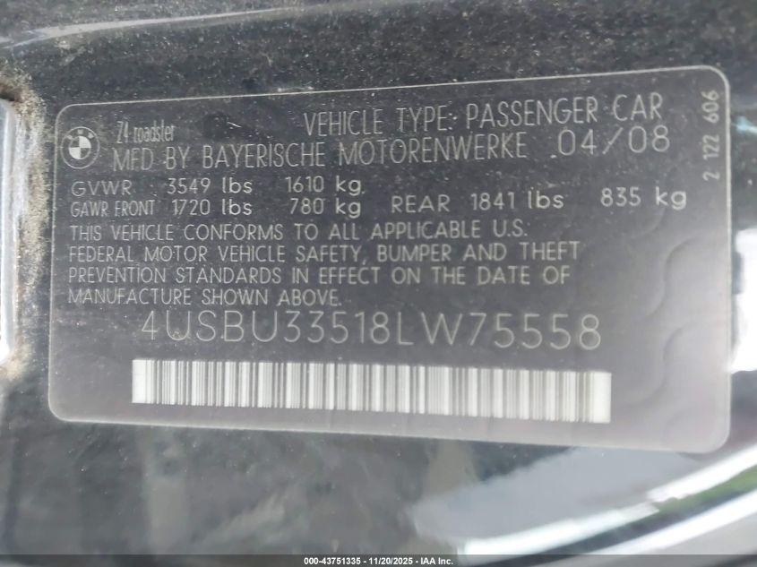 2008 BMW Z4 3.0I VIN: 4USBU33518LW75558 Lot: 43751335