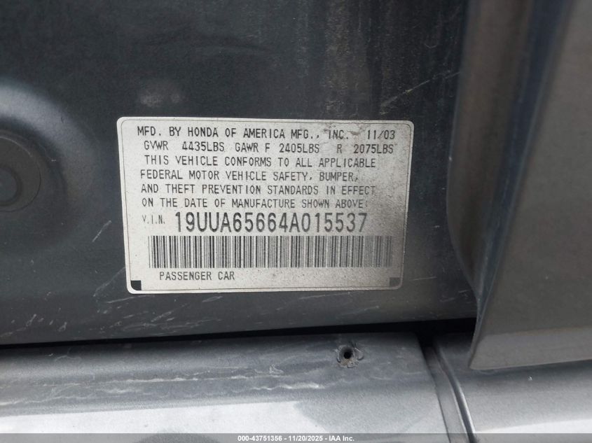 2004 Acura Tl VIN: 19UUA65664A015537 Lot: 43751356