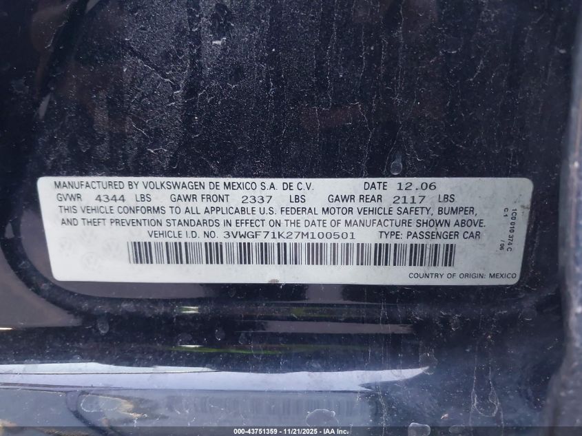 2007 Volkswagen Jetta VIN: 3VWGF71K27M100501 Lot: 43751359